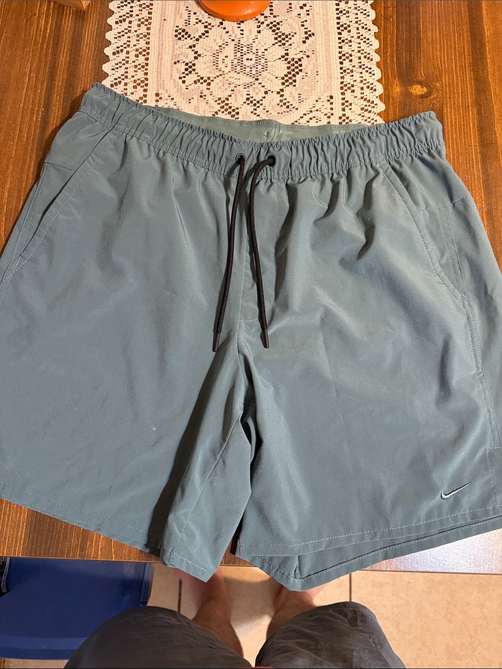 Nike Men’s Sage Green Athletic Shorts with Black Drawstring